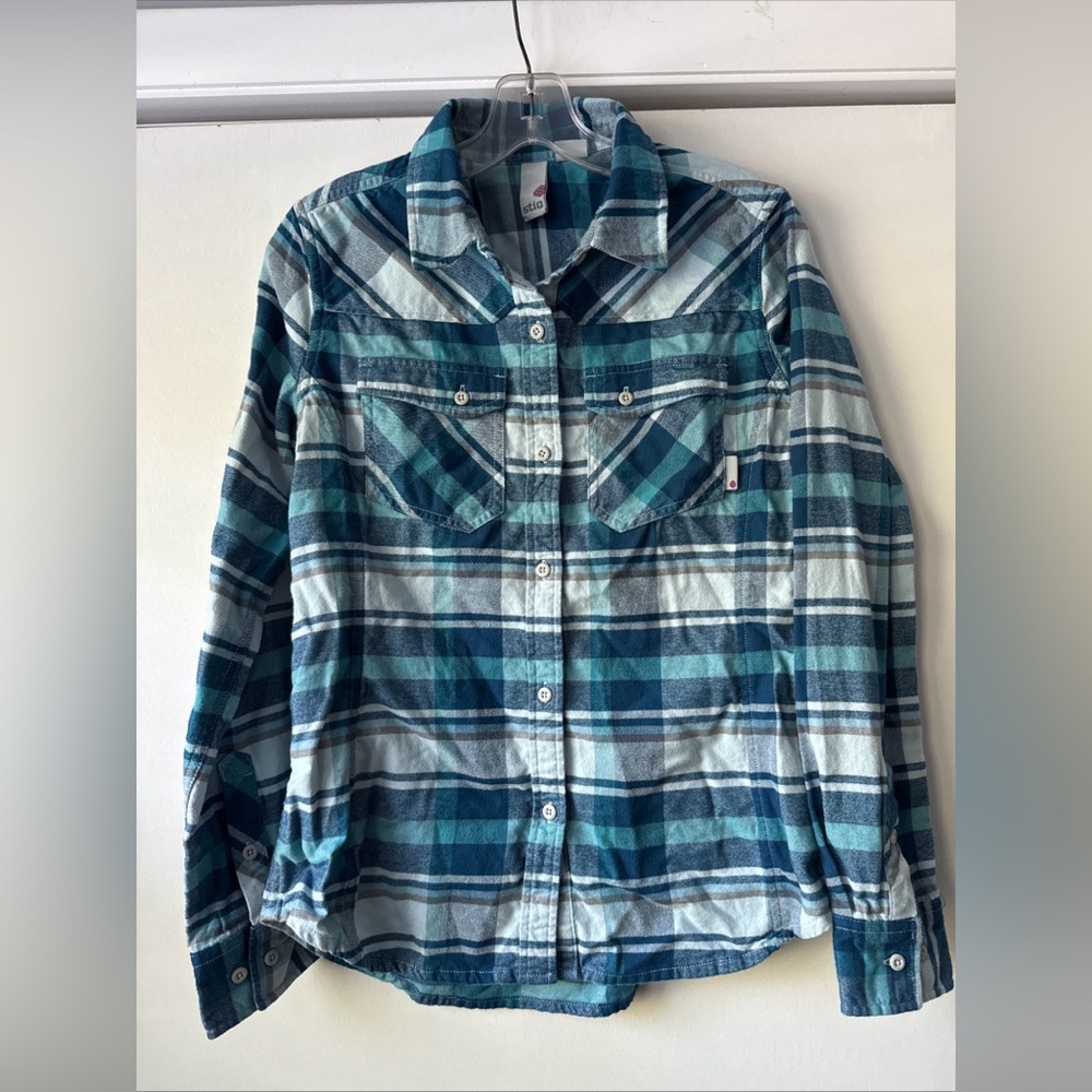 Stio Women's Teal and Navy Plaid Button-Down Shirt